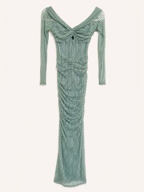 Saints & Secrets Mint Green Textured Mesh Ruched Maxi Dress XS Long Sleeve